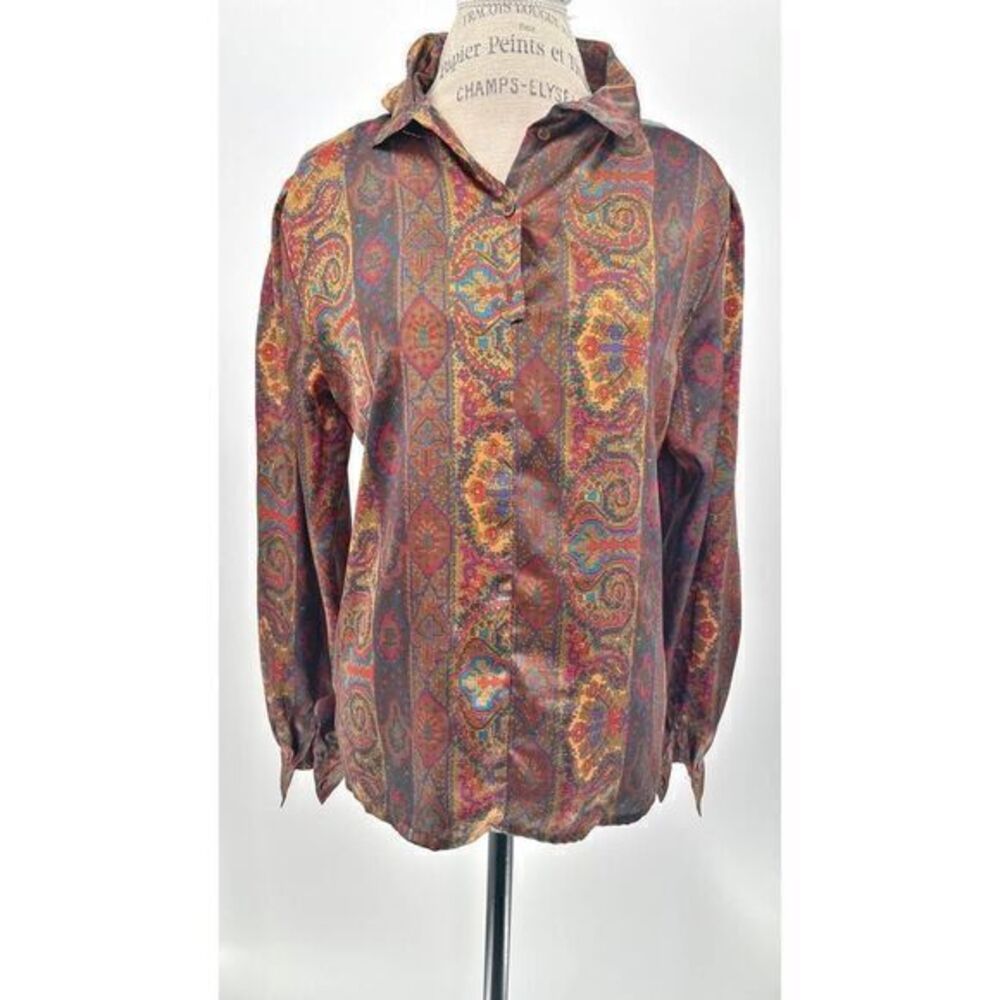 NICOLA Pixalated Brown Red Coral Geo Print Top Button-down Blouse US8